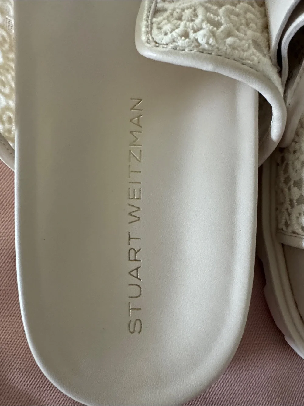 Stuart Weitzman Cream Lace Double-Buckle Slide Sandals 10